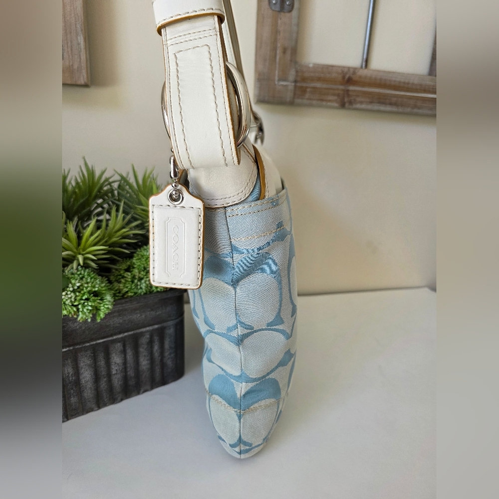 Coach Soho Buckle Hobo Glacier Blue Signature C jacquard White Leather Trim Y2K - Picture 5 of 14